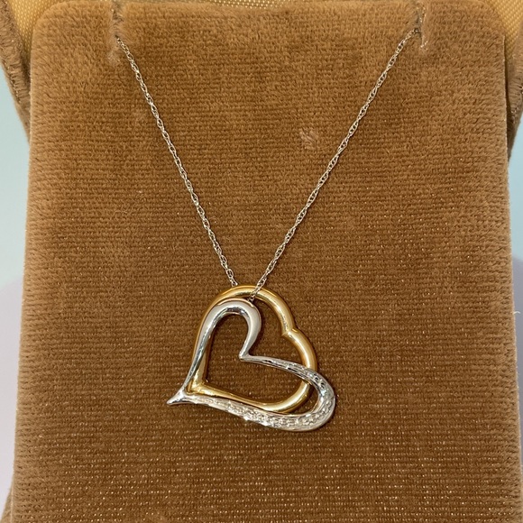 Solid 14K Yellow & White Gold Double 2 Two Hearts Pendant Neck Chain Necklace - Picture 3 of 13